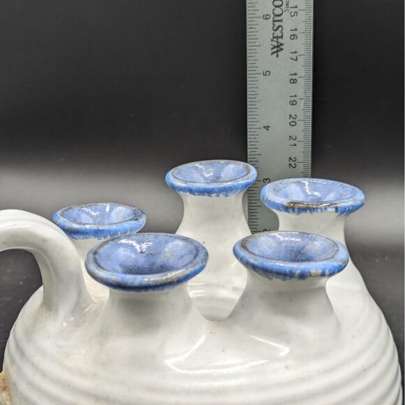 Vintage Hand Thrown Pottery Oil Lamp Signed Steve Fishley 94 White Blue 5 Necks - Picture 8 of 12